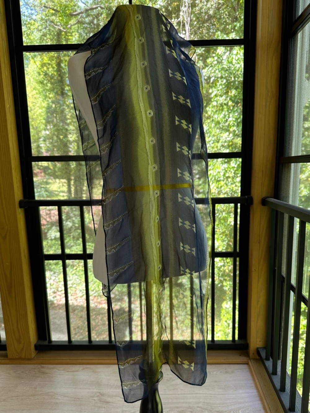 Chico’s Silk Oblong Scarf Artsy Boho Royal Blue & Lime Green Colorblock Designs - Picture 7 of 17